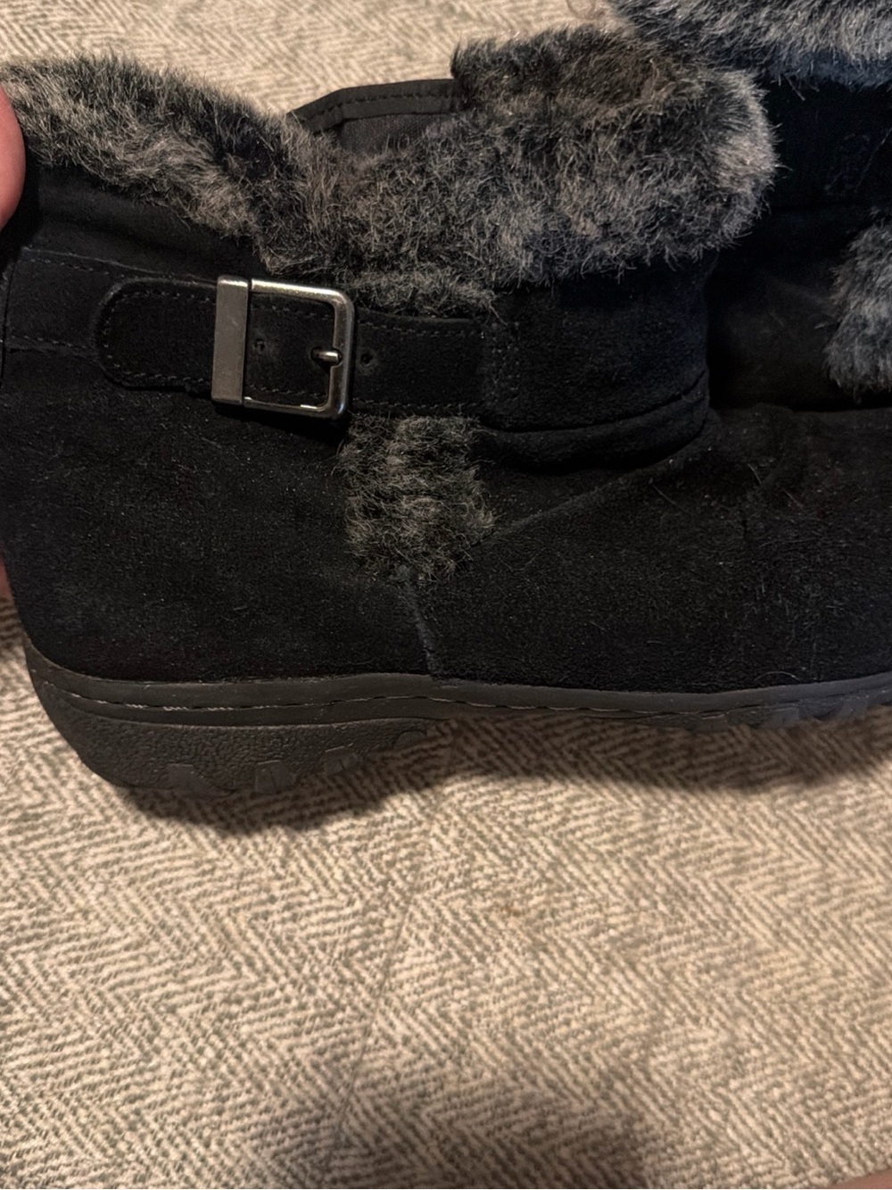 Khombu Black Faux Suede Ankle Boots with Gray Faux Fur Trim